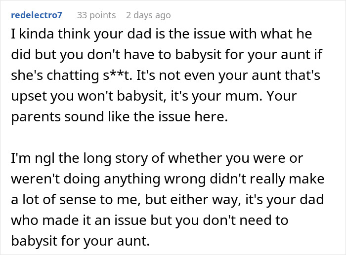 Reddit comment discussing conflict with aunt and refusal to babysit her kids amid family drama and parental issues.