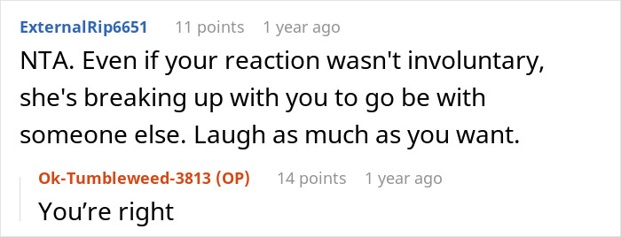 Reddit comment advice about getting dumped before Valentine's, mentioning laughter and moving on.