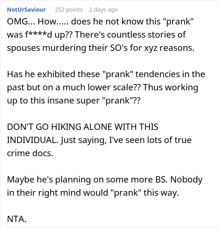 Screenshot of a comment warning about a dangerous prank involving dangling over a parking garage edge in a marriage conflict.