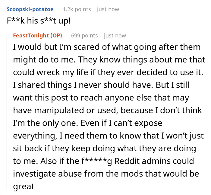 In a Reddit post, a user expresses fear of repercussions from a married Reddit mod.