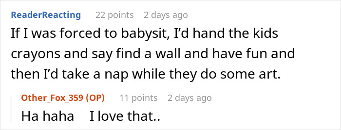 Commenters discuss creative babysitting ideas in a drama involving an aunt and niece's family conflict.