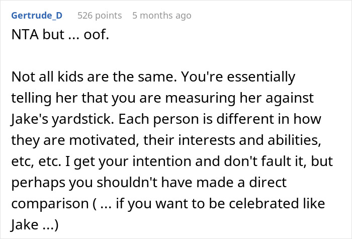 Comment discussing fairness in parenting, comparing kids' motivations and interests.