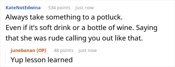 Comments about potluck etiquette and bringing something to share.