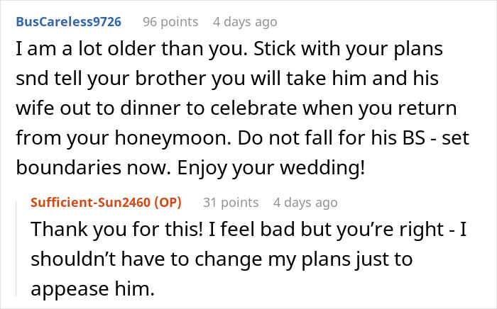 Sibling wedding clash conversation about postponing a honeymoon for cost-cutting, with supportive advice in comments. Sibling wedding clash conversation about postponing a honeymoon for cost-cutting, with supportive advice in comments.