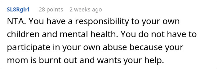 Reddit comment discussing the responsibility to one's mental health and the refusal to care for a cruel father.