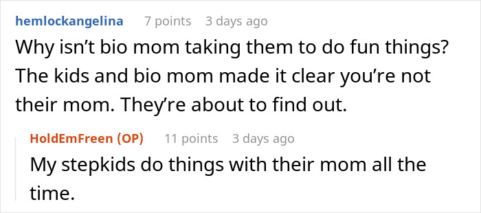 Reddit exchange on stepmom and stepchildren events, addressing exclusion concerns.