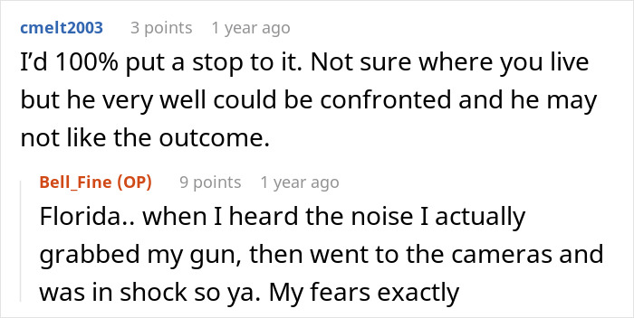 Reddit comments discussing a dad catching teen son creeping around neighbor's yard at night with wife defending him.