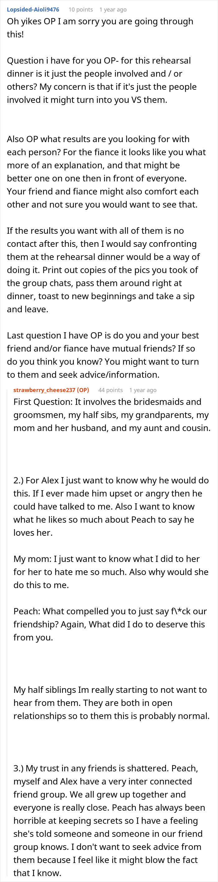 Discussion on confronting fianc&eacute;'s affair with best friend at rehearsal dinner.