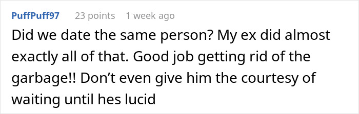 Comment from PuffPuff97 about a breakup after finding messages on a partner's phone in the ER.