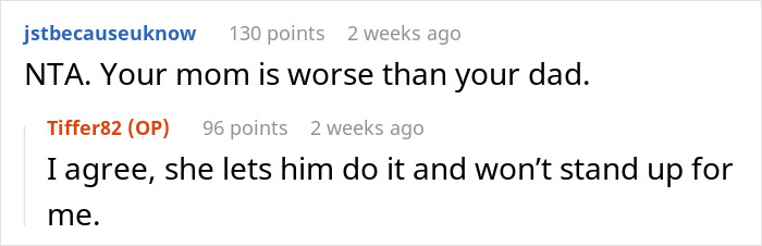 Reddit comments about a woman refusing to care for a cruel father, discussing parental neglect dynamics.