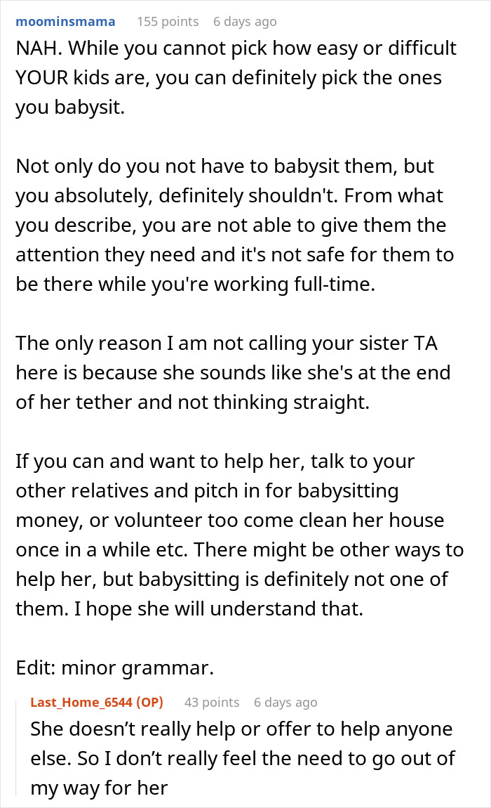 Reddit post discussing a woman's refusal to babysit her sister's kids despite pleas.