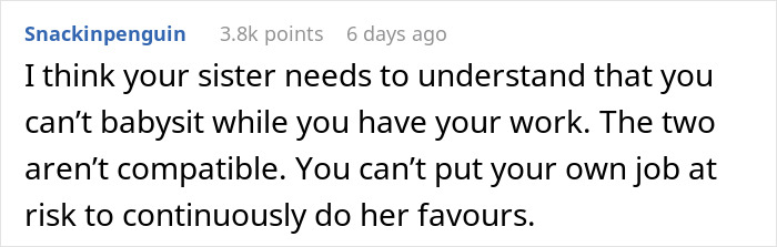 Comment discussing work and babysitting conflict, addressing sister's understanding in a family responsibility context.