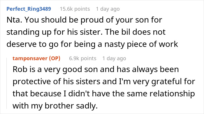 Reddit comments discussing bans, family dynamics, and sibling protection with strong opinions shared.