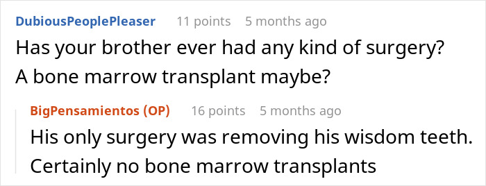 Discussion about family DNA results showing a surprising question regarding a bone marrow transplant.