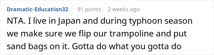 Comment about securing trampolines during storms, mentioning using sandbags in Japan's typhoon season.