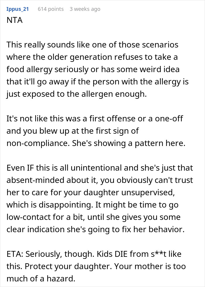 Comment warning about grandma threatening granddaughter's life over nuts, addressing food allergy risks and safety concerns.