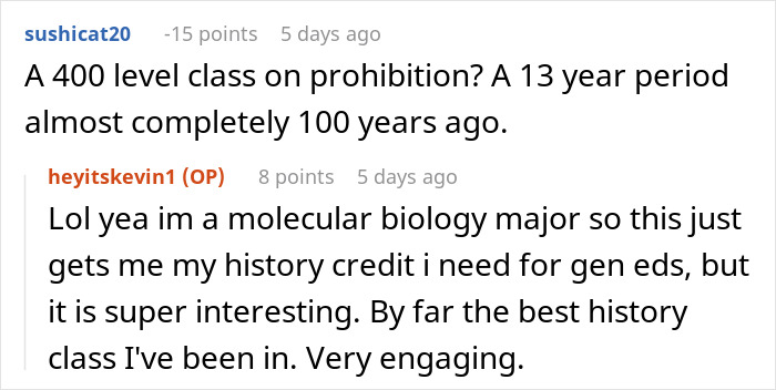 Discussion about prohibition class; humorous banter between students on history course relevance and engagement.