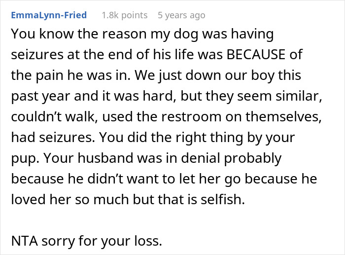 Reddit comment discussing a woman ending her dying dog's suffering, husband clings to hope, calling her decision right.