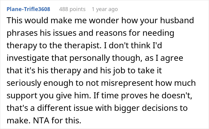 Screenshot of a forum comment discussing a husband, therapist, and the concept of homework in therapy sessions. Screenshot of a forum comment discussing a husband, therapist, and the concept of homework in therapy sessions.