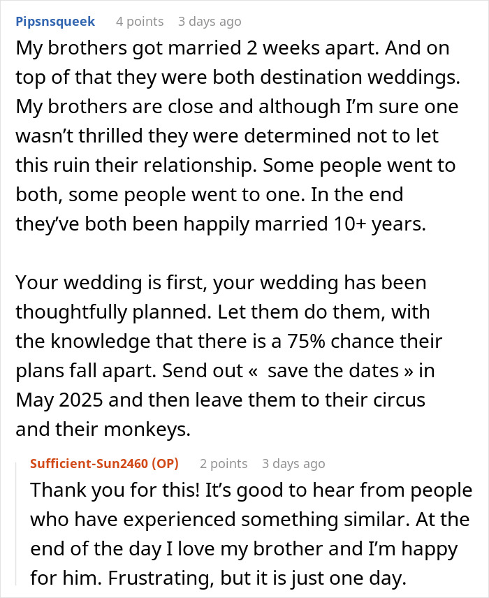 Reddit discussion about siblings clashing over wedding plans and cost-saving strategies. Reddit discussion about siblings clashing over wedding plans and cost-saving strategies.