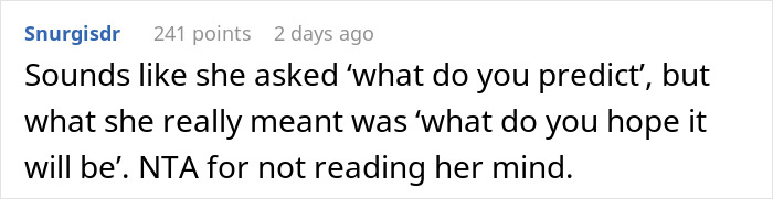Commenter discussing prediction disagreements in a thread about a guy using statistics to predict a pregnant friend&rsquo;s baby gender.