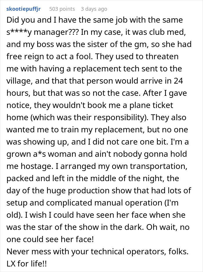 Reddit comment about dealing with a difficult event manager and a workplace confrontation.