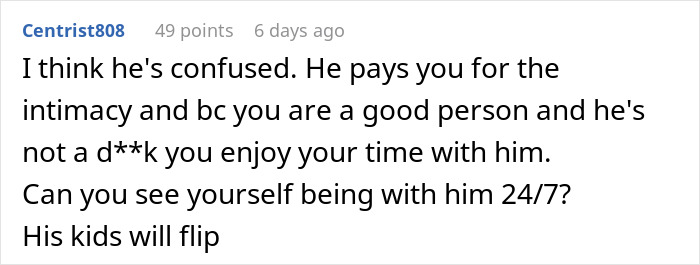Comment discussing a sugar daddy who pays for intimacy, questioning if you can be with him 24/7.