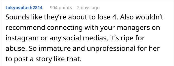 Reddit comment discussing workplace issues, mentioning social media and professionalism. Reddit comment discussing workplace issues, mentioning social media and professionalism.