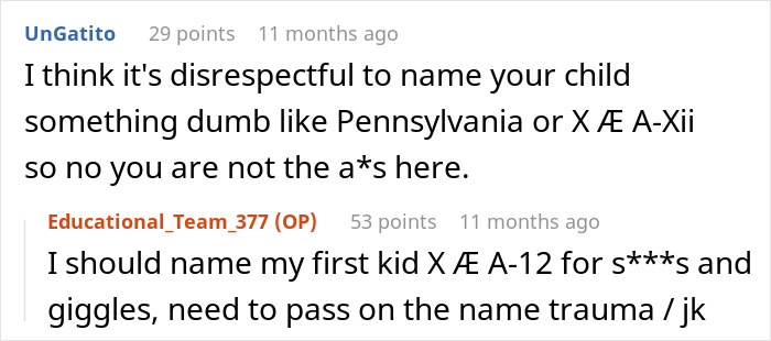 Reddit comments discussing humorous baby name choices and name change opinions.