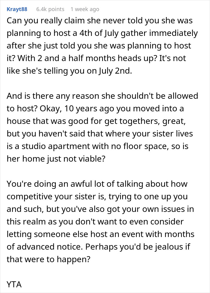 Reddit comment discussing quickly shutting down sister about changing tradition and hosting family gatherings. Reddit comment discussing quickly shutting down sister about changing tradition and hosting family gatherings.
