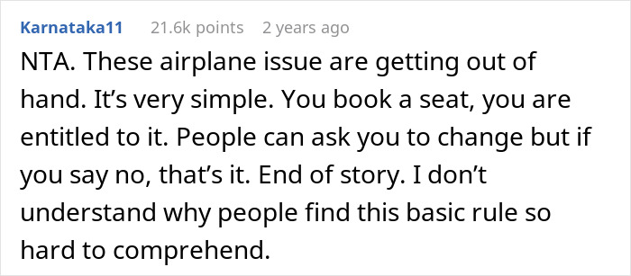 Comment discussing plane seat entitlement, affirming that once a seat is booked, it is your right to refuse sharing it.