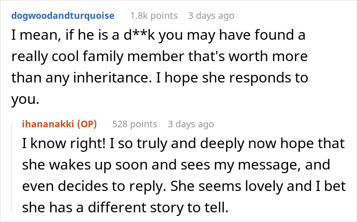 Reddit conversation discussing hope for a response after looking up a long-lost grandfather to get inheritance.