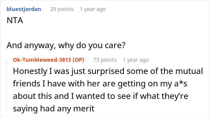 Reddit comment thread about a guy getting dumped, discussing mutual friends.