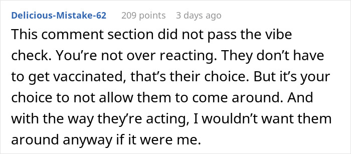 Reddit comment discussing relatives' reactions to vaccination updates for seeing a new baby. Reddit comment discussing relatives' reactions to vaccination updates for seeing a new baby.