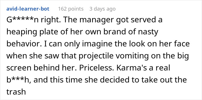 Text detailing an event manager's behavior and public humiliation, highlighting karma.