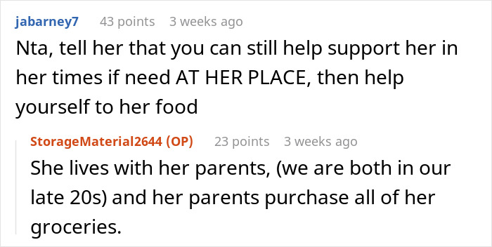 Reddit exchange discussing woman confronting friend over $60 grocery use.