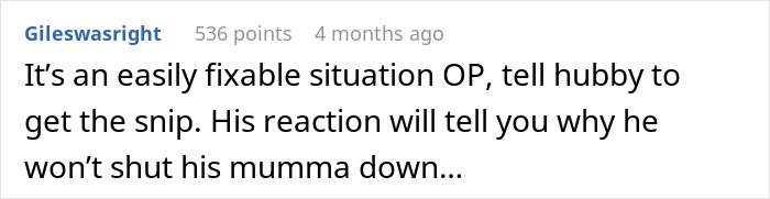 Comment discussing mother's joke about birth control, suggesting husband gets a vasectomy.