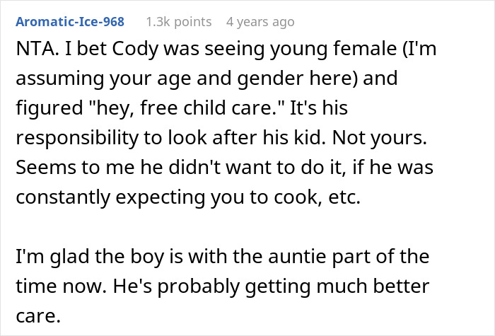 Comment discussing housemate's responsibility for child care, with a user supporting complaint to landlord.