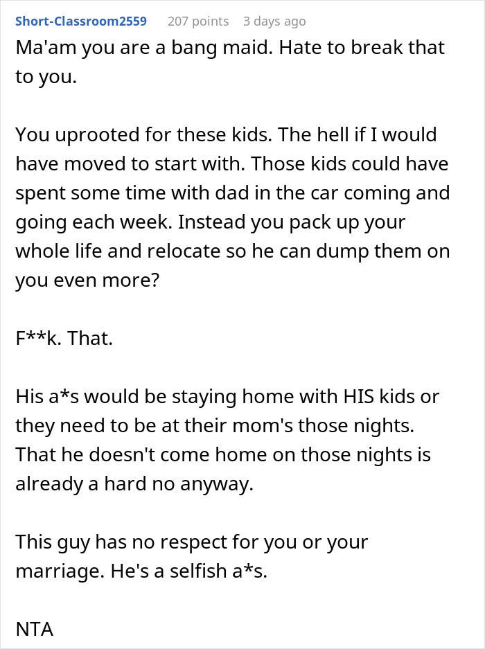 Reddit comment discussing husband’s responsibility to be home for his kids, offering strong opinions on parenting and respect. Reddit comment discussing husband’s responsibility to be home for his kids, offering strong opinions on parenting and respect.