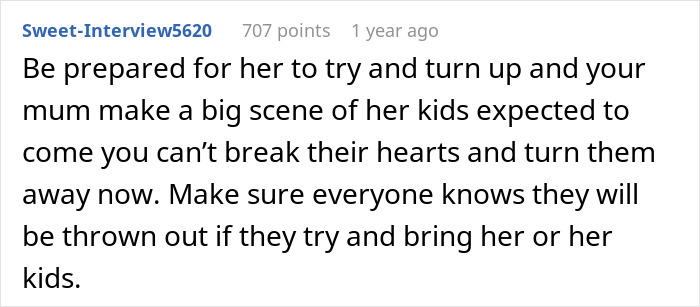 Reddit comment discussing a woman refusing to invite her entitled sister on an Easter vacation.