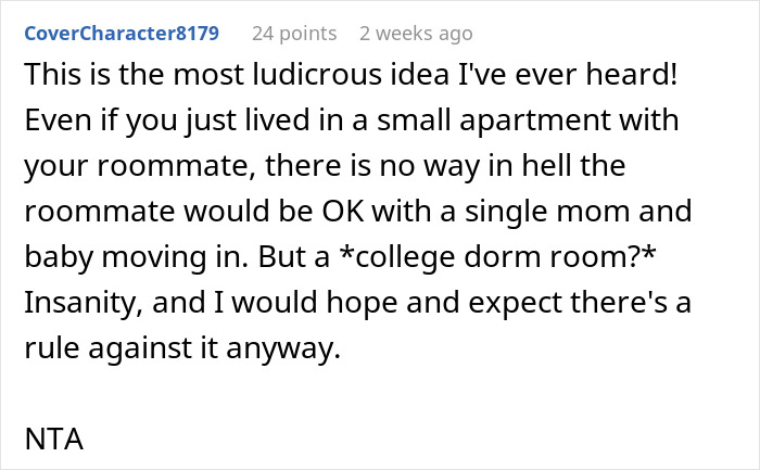 Reddit comment discussing refusal to share a college dorm room with sister and baby, calling the idea ludicrous.