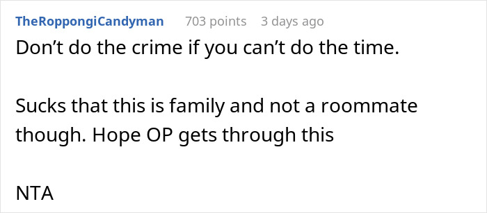 Reddit comment discussing a situation involving arrest and family issues.
