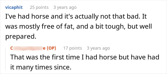 Text exchange about horse meat experiences and texture details.