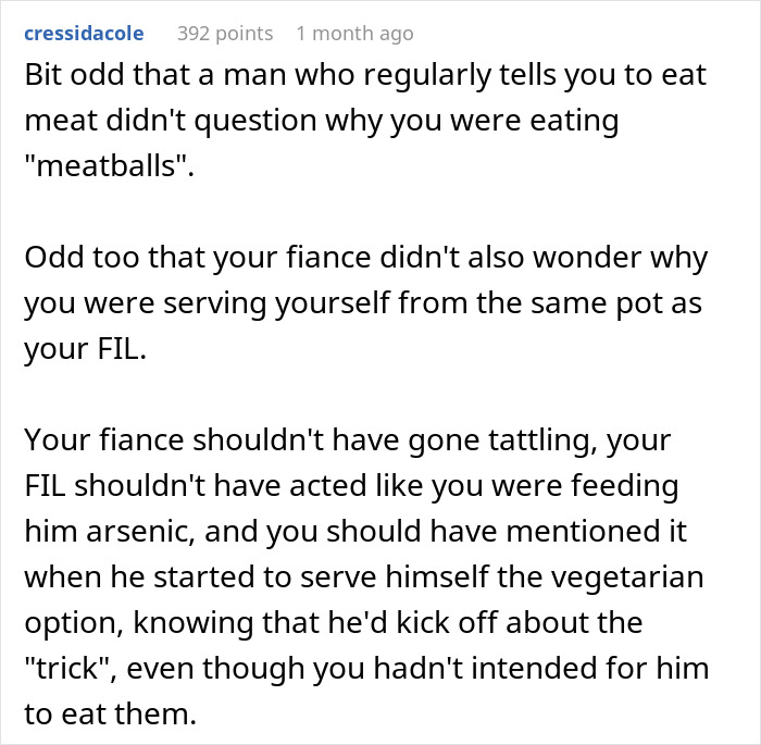 Reddit comment discussing FIL's reaction to eating vegetarian meatballs.