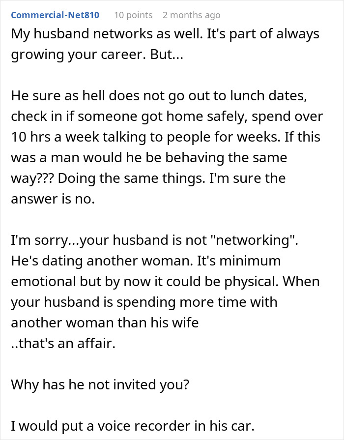 Text conversation about a wife learning the truth after husband&rsquo;s late-night drinks with coworker, suspecting an affair.