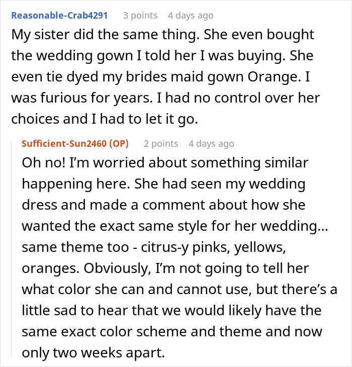 Reddit comments on sibling wedding clash, discussing matching styles and themes for back-to-back weddings. Reddit comments on sibling wedding clash, discussing matching styles and themes for back-to-back weddings.