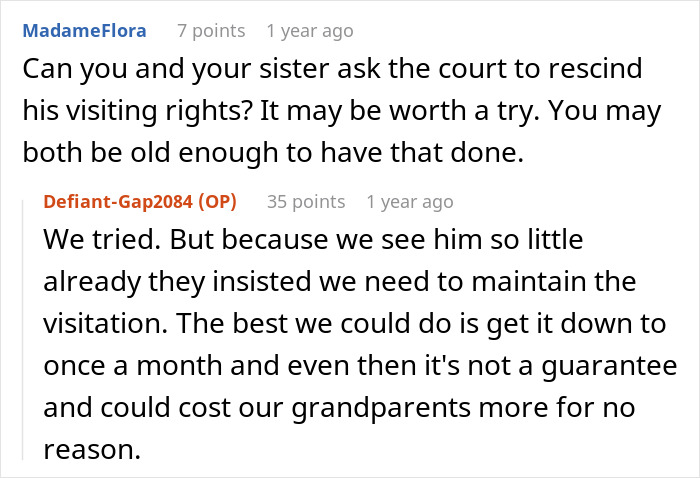 Text exchange discussing court decisions about visitation rights.