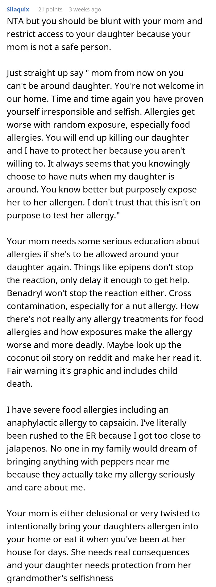 Comment advising strict allergy safety and protection due to grandma threatening granddaughter&rsquo;s life over nuts exposure.