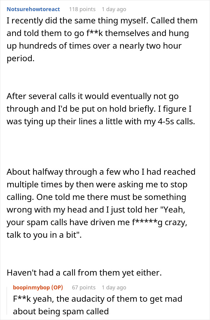 Text exchange about stopping spam callers by repeatedly calling them back.