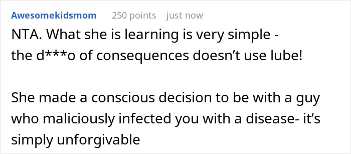 Reddit comment criticizing woman's choice of an ex over sister, describing it as unforgivable. Reddit comment criticizing woman's choice of an ex over sister, describing it as unforgivable.